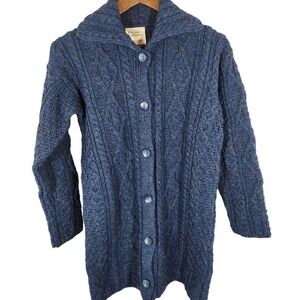 NWOT Kilronan Knitwear Blue Wool Cable Knit Cardigan Made in Ireland Size Small